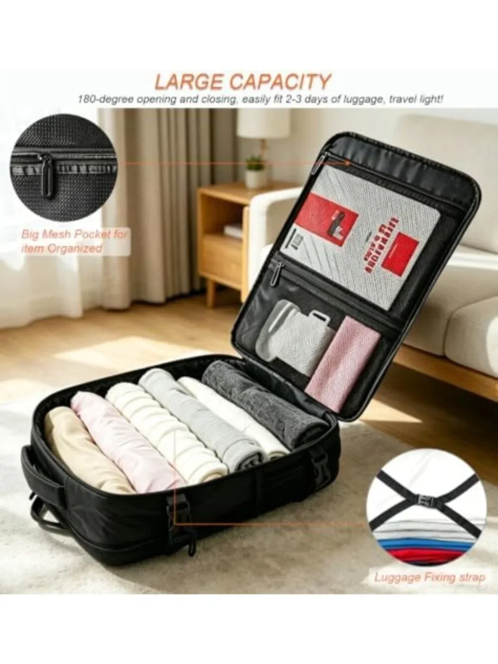 Expandable 50L Travel Backpack for Men & Women - Versatile Carry-On Bag, Black